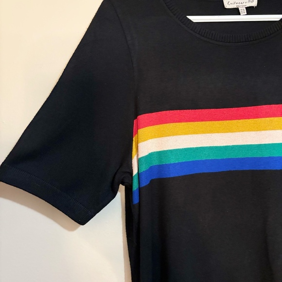 Black Short Sleeve Knit T-Shirt Sweater w Rainbow Stripes - Picture 4 of 12